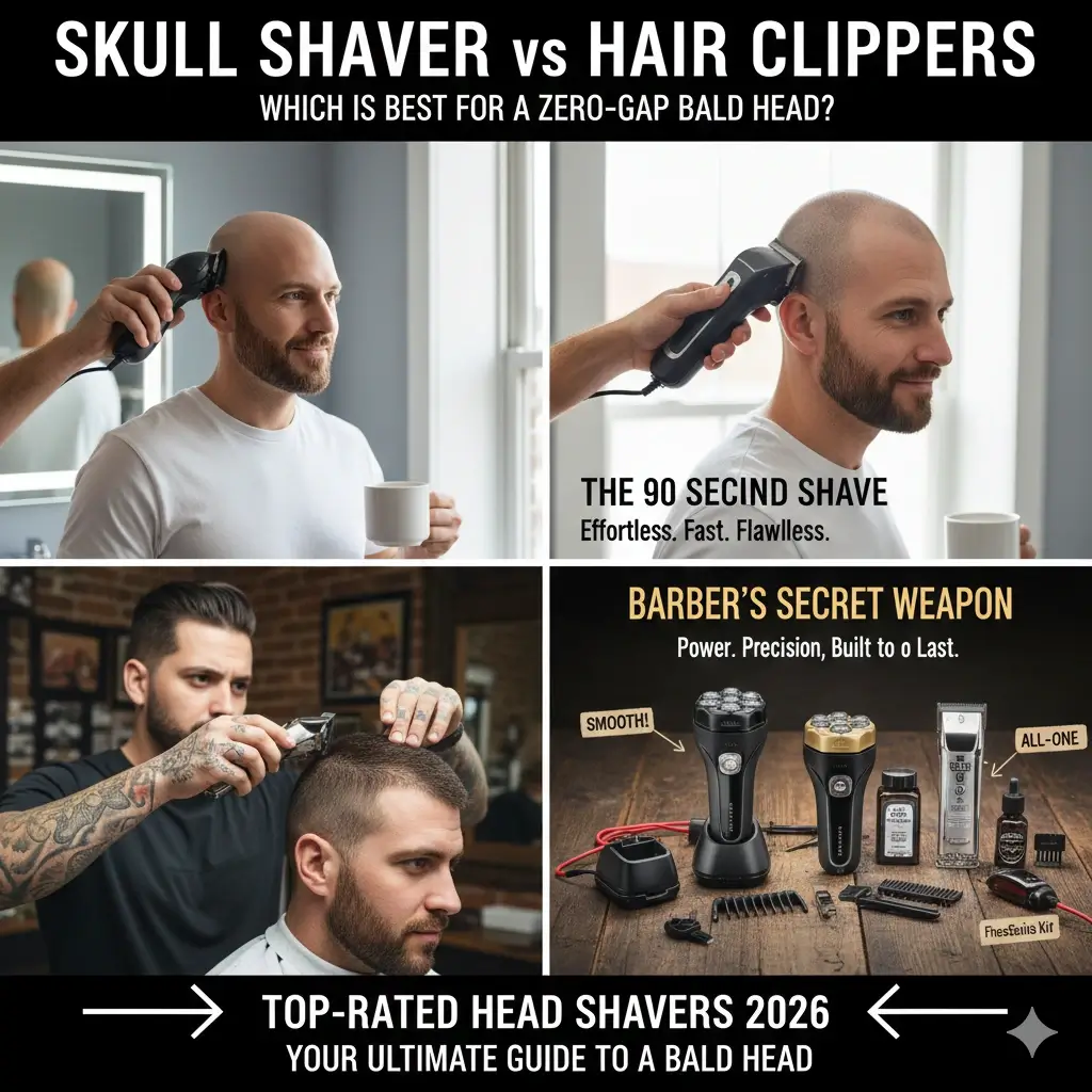 Professional zero-gap balding clippers cutting through thick hair for a close buzz cut.