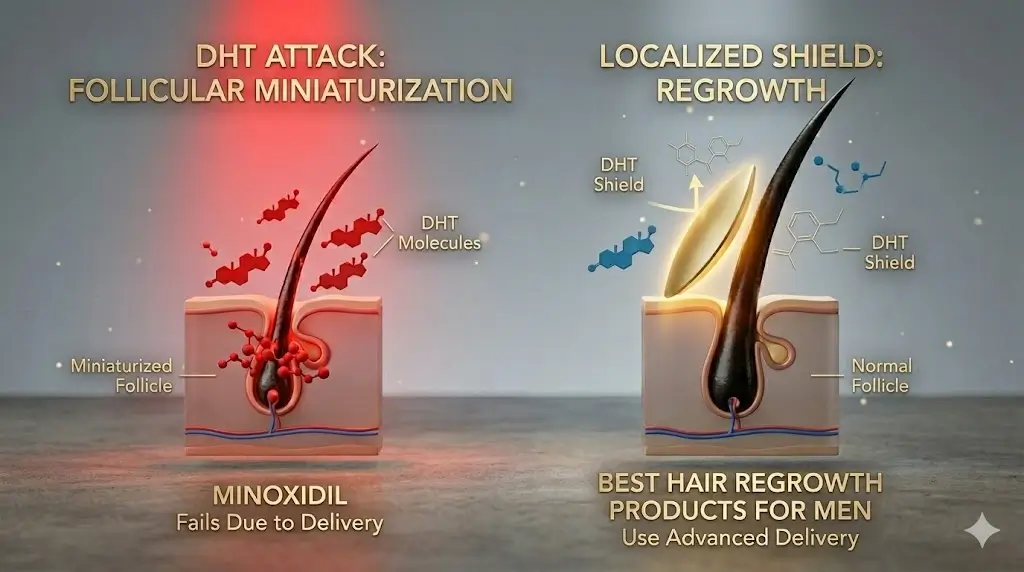 FOLLICULAR BATTLE DHT Attack (Miniaturization) vs. Localized Shield (Regrowth).