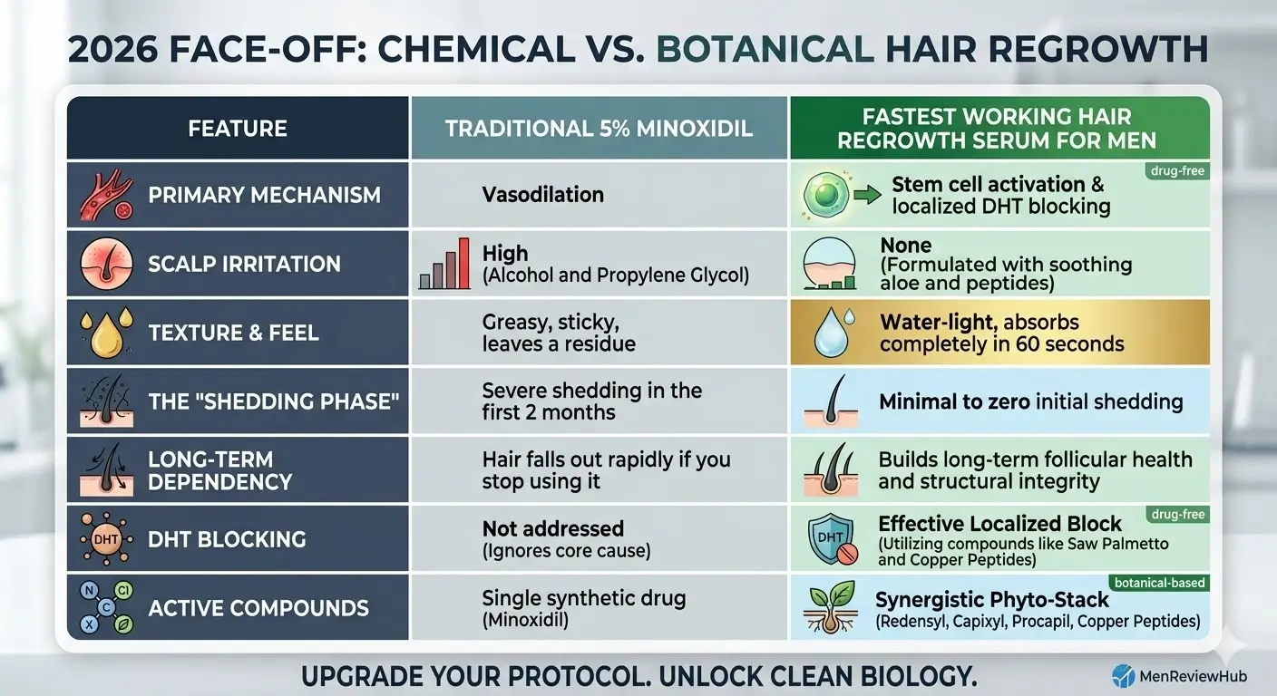 Infographic comparing Minoxidil vs Fastest Working Hair Regrowth Serum for Men
