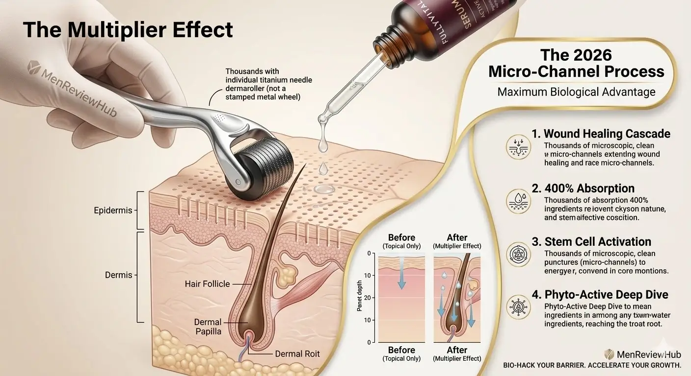 Infographic showing microneedling and dermarolling creating micro-channels for fastest working hair regrowth serum for men