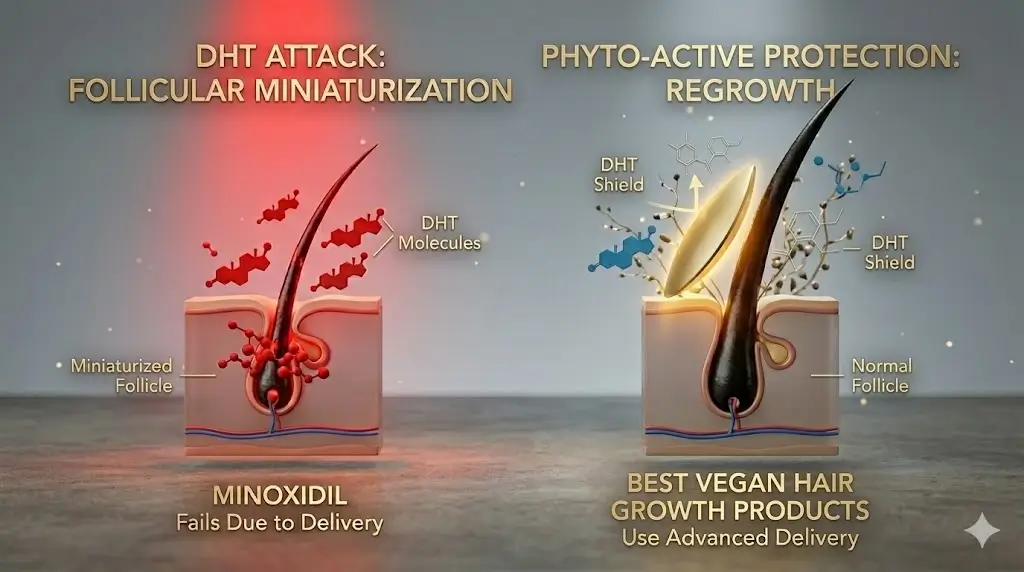 USA VEGAN SHIELD DHT Attack (Miniaturization) vs. Phyto-Active Protection (Regrowth).