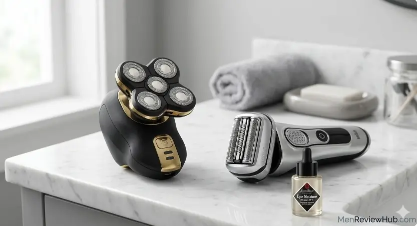 A professional comparison shot of two leading electric head shavers: the Skull Shaver Pitbull Gold PRO (Rotary) and the Braun Series 9 PRO+ (Foil), placed on a white marble vanity with Jack Black pre-shave oil for a MenReviewHub grooming guide