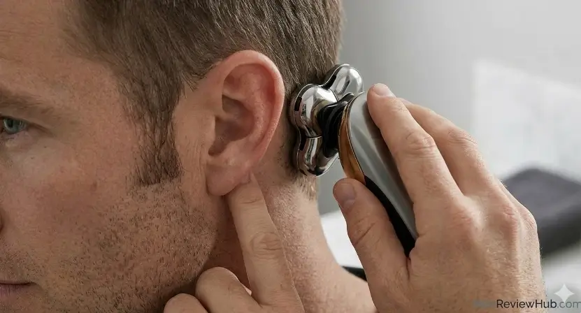 An extreme close-up photograph of a man using a multi-head rotary electric shaver, like the Skull Shaver, to navigate the difficult skin contours behind his left ear, with his thumb holding the ear flap down for safety on a MenReviewHub guide