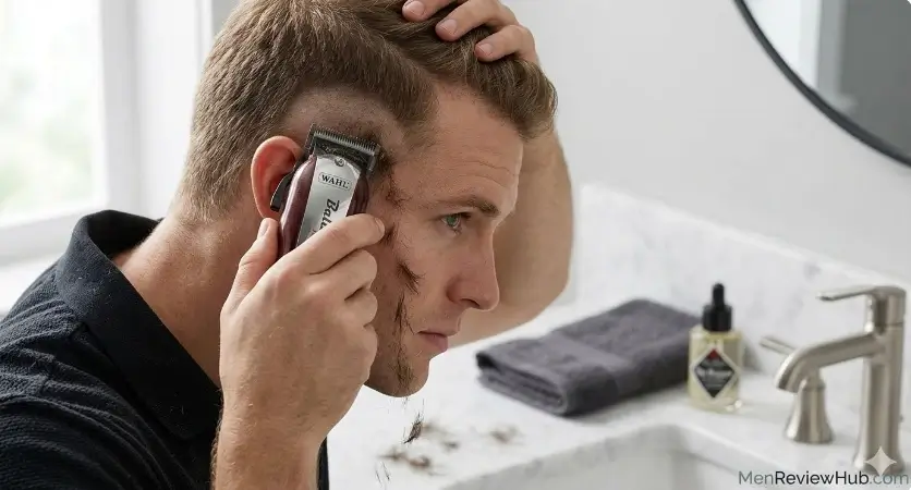 A close-up photograph of a man using a professional Wahl Clipper with no guard to trim long hair down to stubble level before shaving, illustrating the 'Trimming Rule' pre-shave step for MenReviewHub