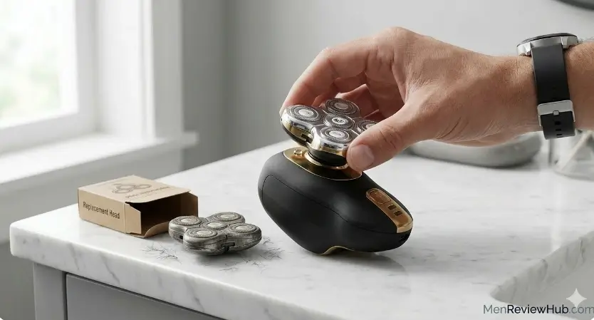 A close-up photograph of a man using a multi-head rotary electric shaver, like the Skull Shaver, to navigate the difficult skin contours behind his left ear, with his thumb holding the ear flap down for safety on a MenReviewHub guide