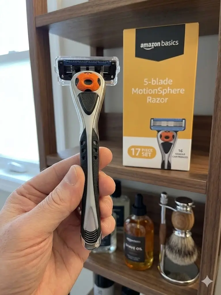 The Amazon Basics razor resting on a bathroom vanity during testing