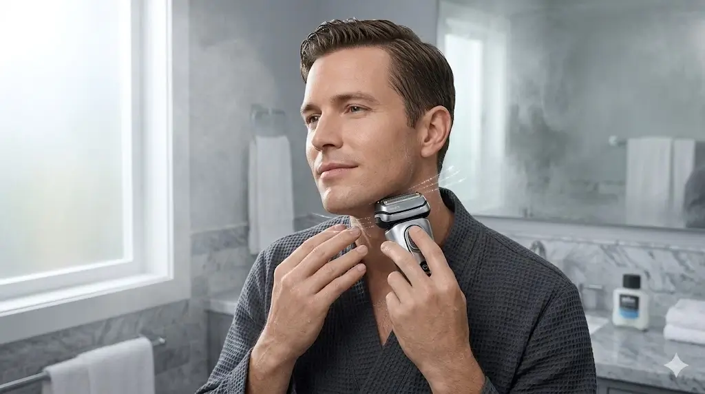 MenReviewHub Expert Clinical Guide for the Best Electric Shavers for Sensitive Skin: A man using a premium Braun Series 9 foil shaver in a modern bathroom to prevent razor bumps and protect his skin barrier.