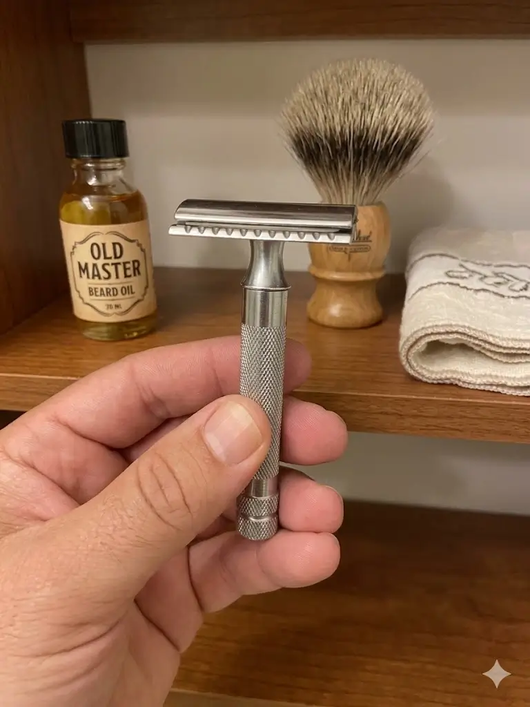 Close up showing the closed comb safety bar of the Merkur 34C