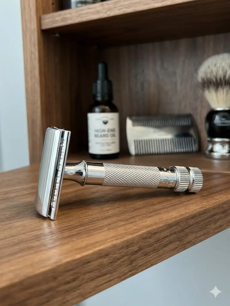 The Merkur 34C safety razor displaying its heavy duty knurled handle