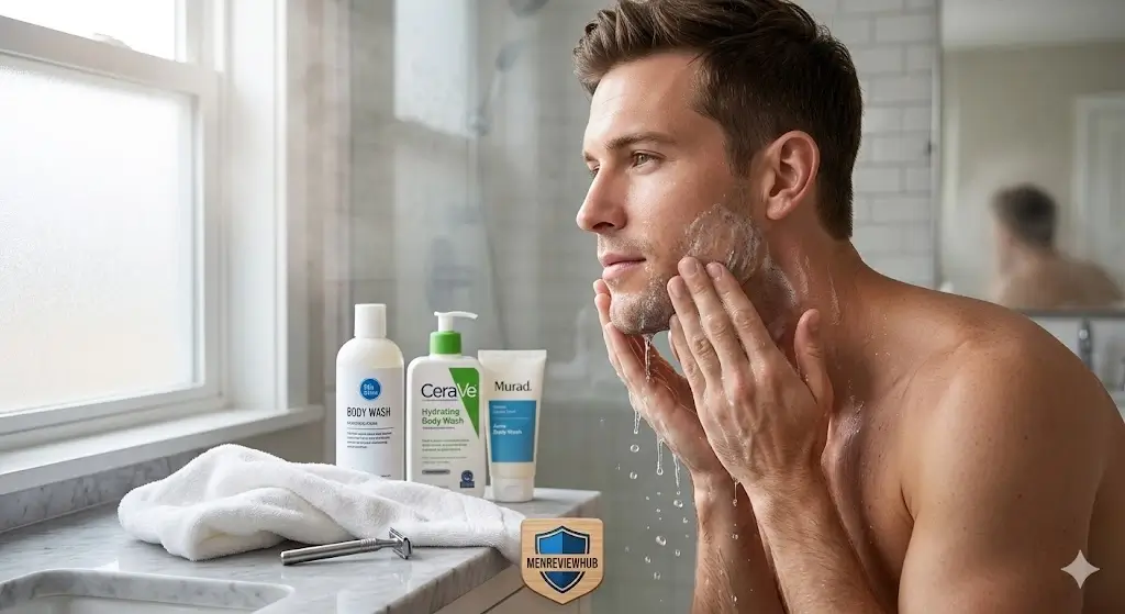 MenReviewHub Expert Clinical Guide for the Best Body Washes for Men: A man using premium cleansing gel in a modern shower to protect his skin's acid mantle and prevent body acne.