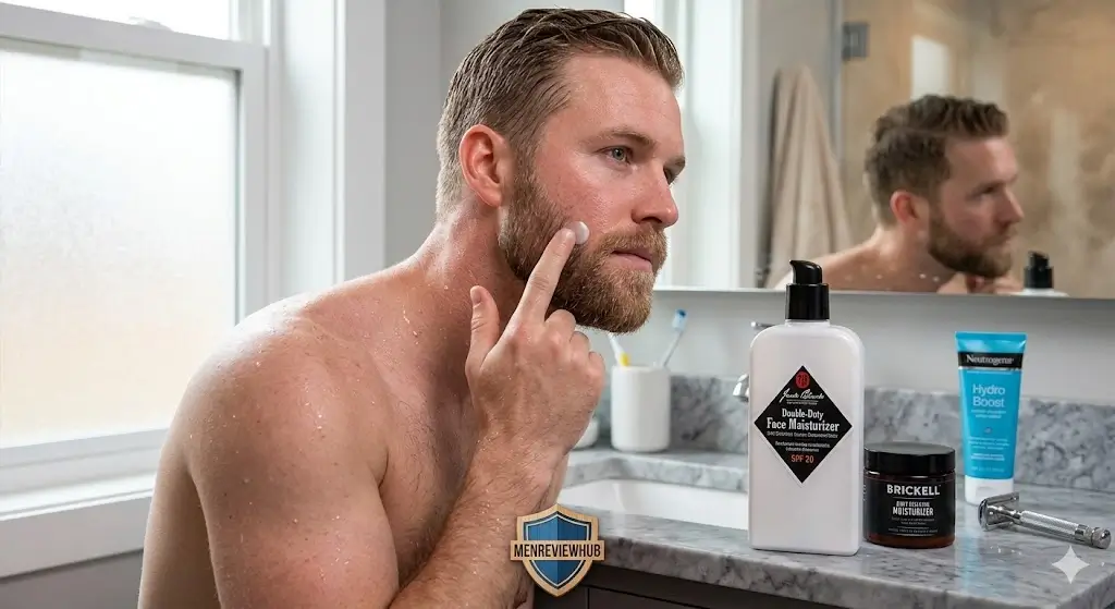 MenReviewHub Expert Clinical Guide for the Best Face Moisturizers for Men: A man applying premium hydrating lotion to his face in a modern bathroom to restore his skin barrier.