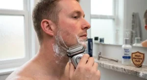 MenReviewHub Expert Clinical Guide: A man using one of the best shavers for sensitive skin, specifically a premium foil electric shaver, to prevent razor burn and ingrown hairs on his neck.