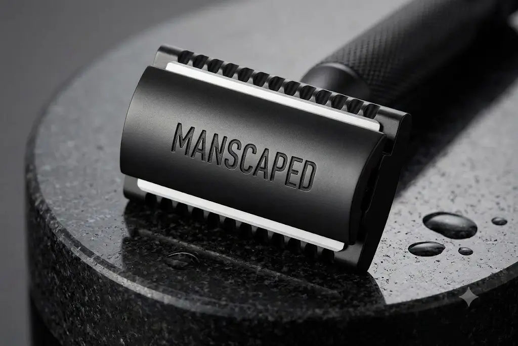 Close up of Manscaped The Plow 2.0 gunmetal brass handle texture