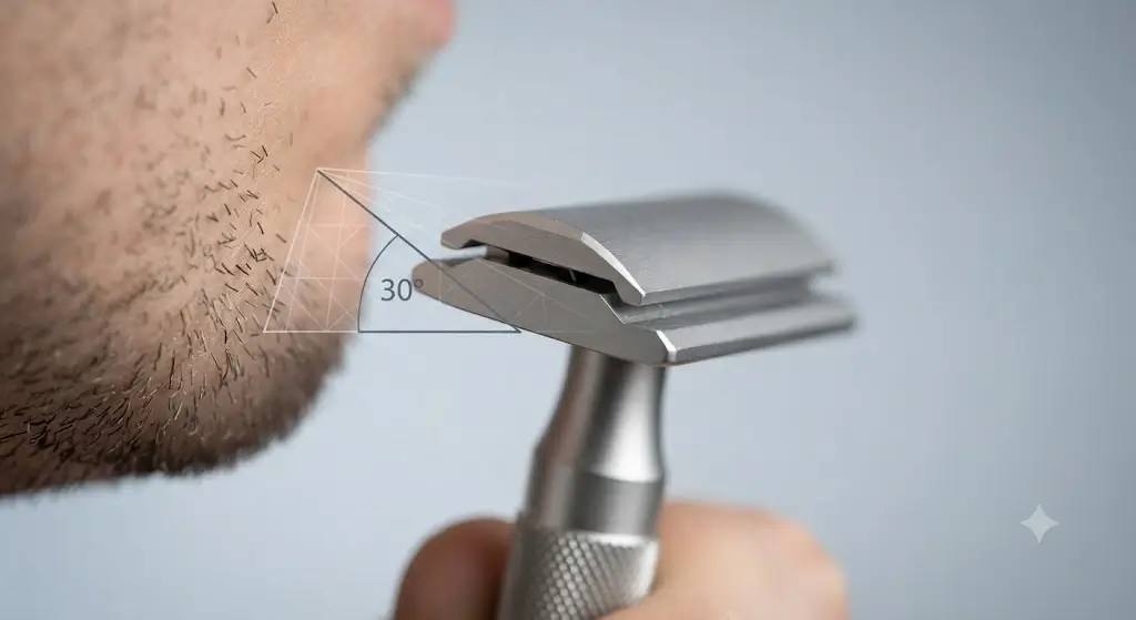 Close up view of the Henson AL13 safety razor head showing the 30-degree bevel contact plane