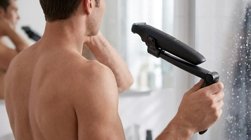 Philips Bodygroom 5000 locked into its extended 12-inch folding back attachment