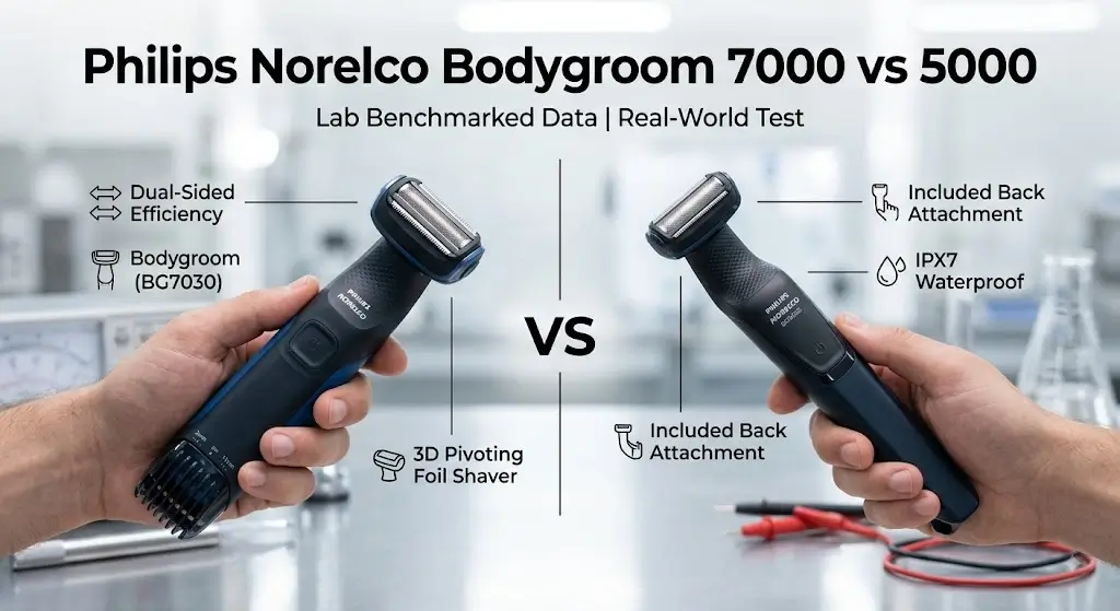 Philips Norelco Bodygroom 7000 and 5000 body groomers placed side by side for direct comparison