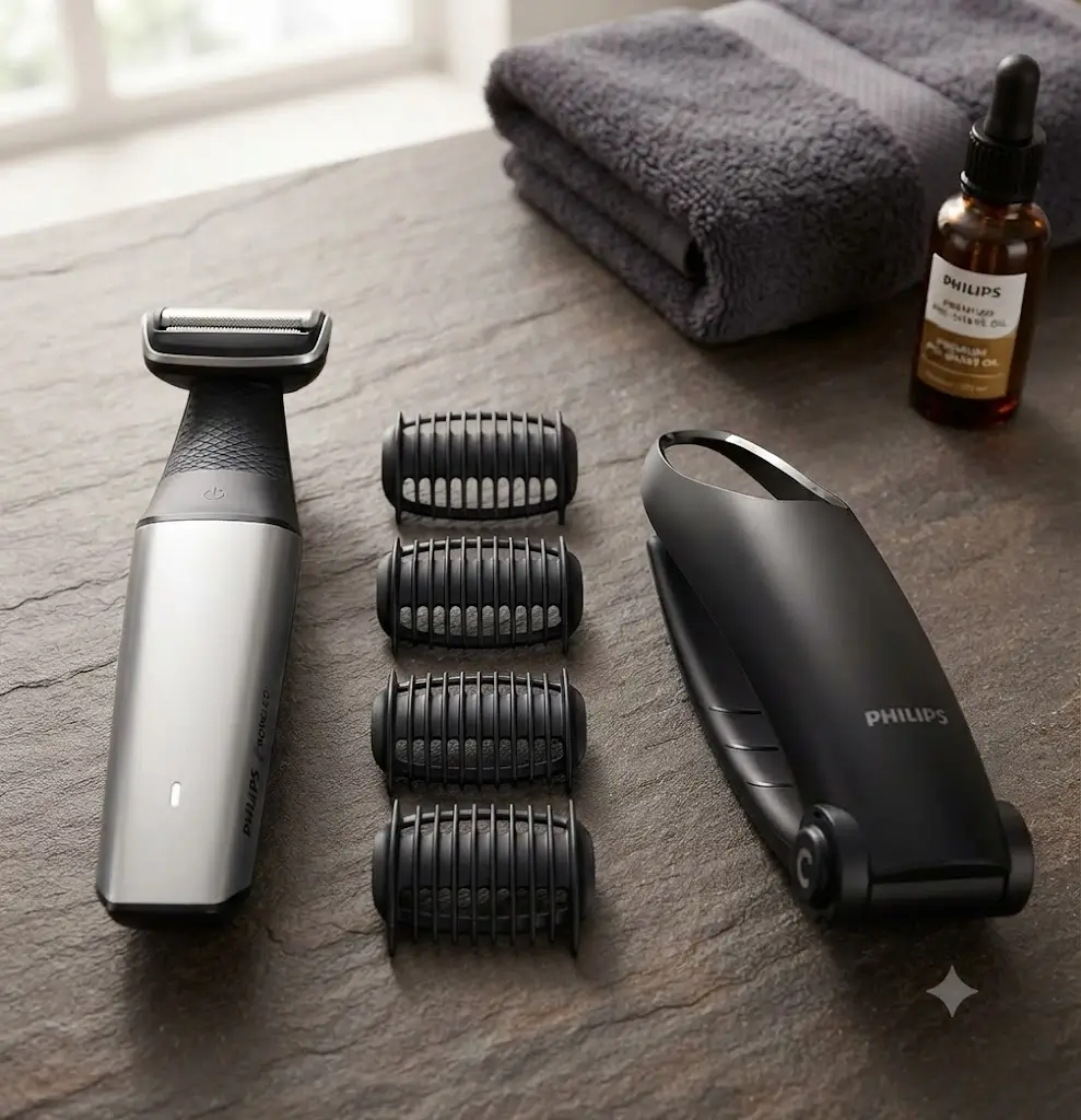 Philips Norelco Bodygroom 5000 BG5025/49 main unit with back extension handle and guard attachments
