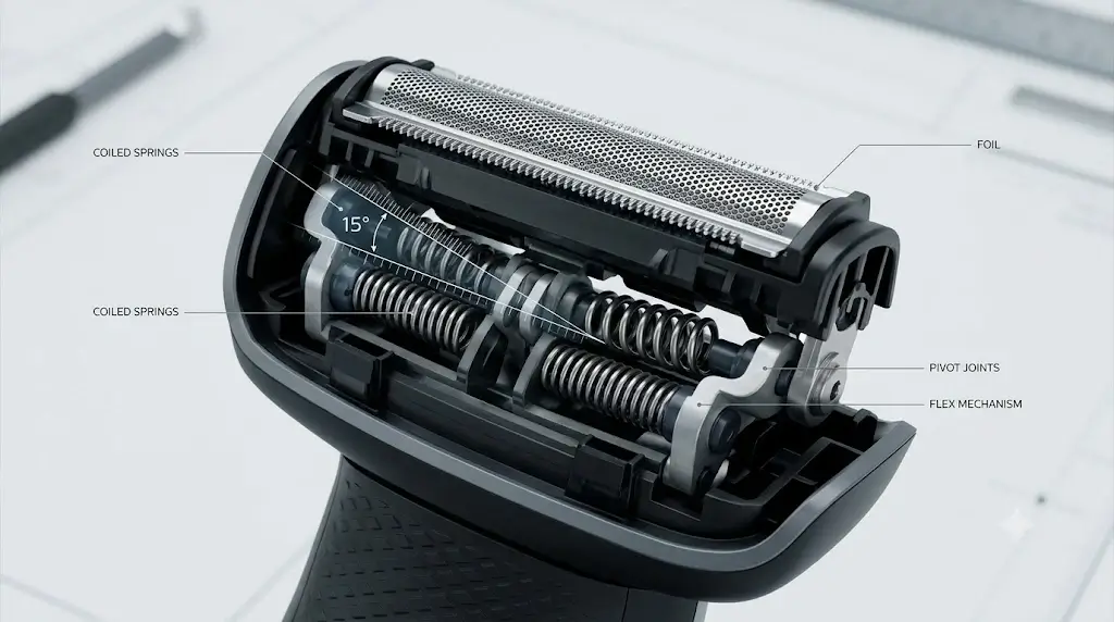 Macro detail of the Philips Bodygroom 7000 3D flex head pivoting mechanism