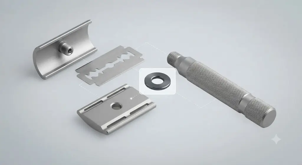 Disassembled 3-piece Henson AL13 safety razor displaying top cap, base plate, handle, and tungsten carbide washer
