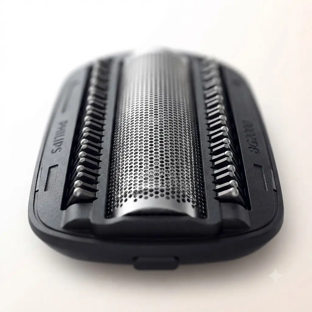 Close-up view of the Philips BG2000 hypoallergenic shaving foil cassette showing bi-directional cutter teeth and micro-foil mesh