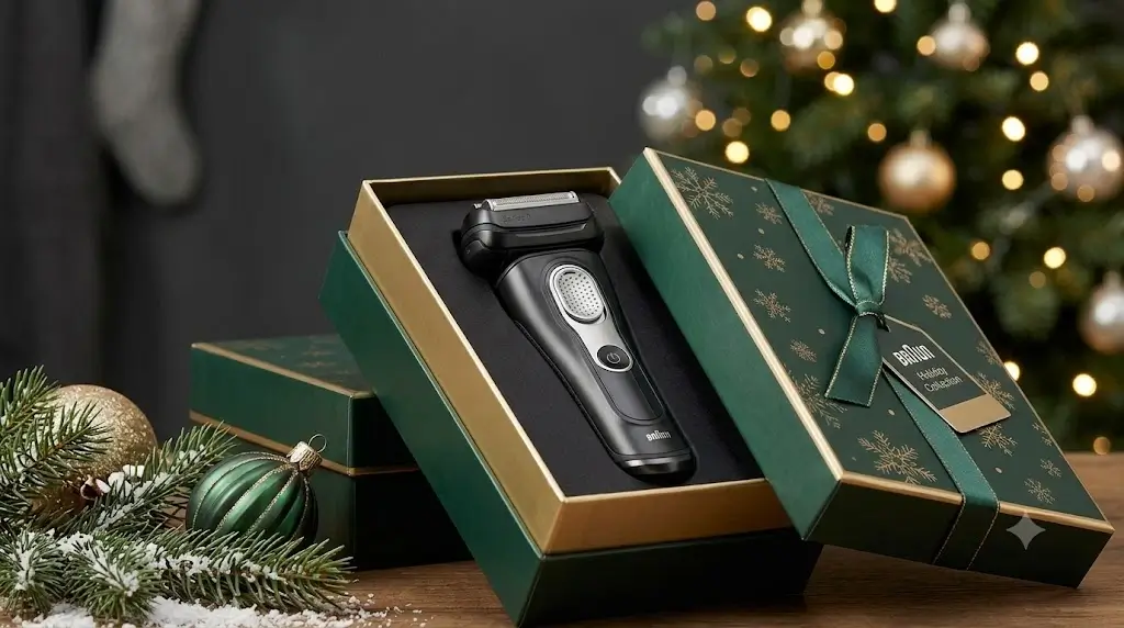 Braun Series 9 Pro+ electric shaver packaged in a premium holiday gift presentation