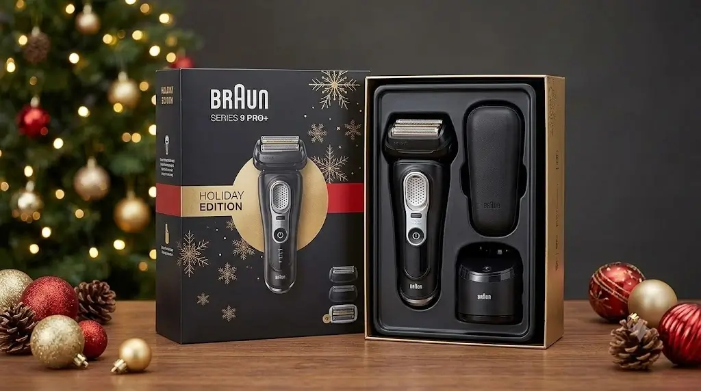 Braun Series 9 Pro+ electric shaver packaged in a premium holiday gift presentation