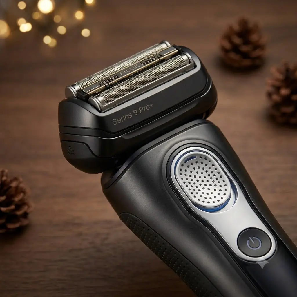 Close-up view of Braun Series 9 Pro+ cassette head and ergonomic power handle