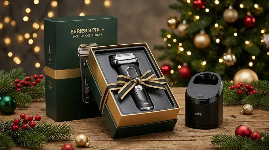 Braun Series 9 Pro+ electric shaver packaged in a premium holiday gift presentation