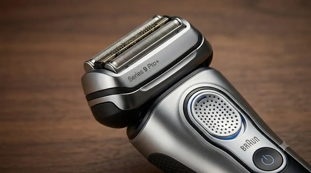 Close-up of Braun Series 9 Pro+ shaving cassette and ergonomic handle