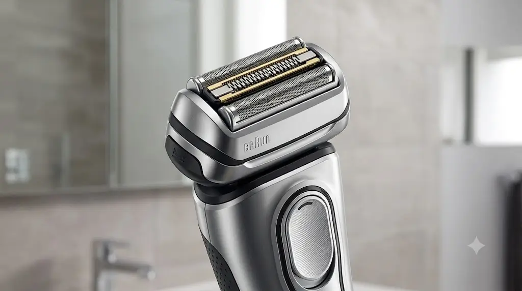 Close-up of Braun Series 9 Pro+ shaving cassette and ergonomic handle
