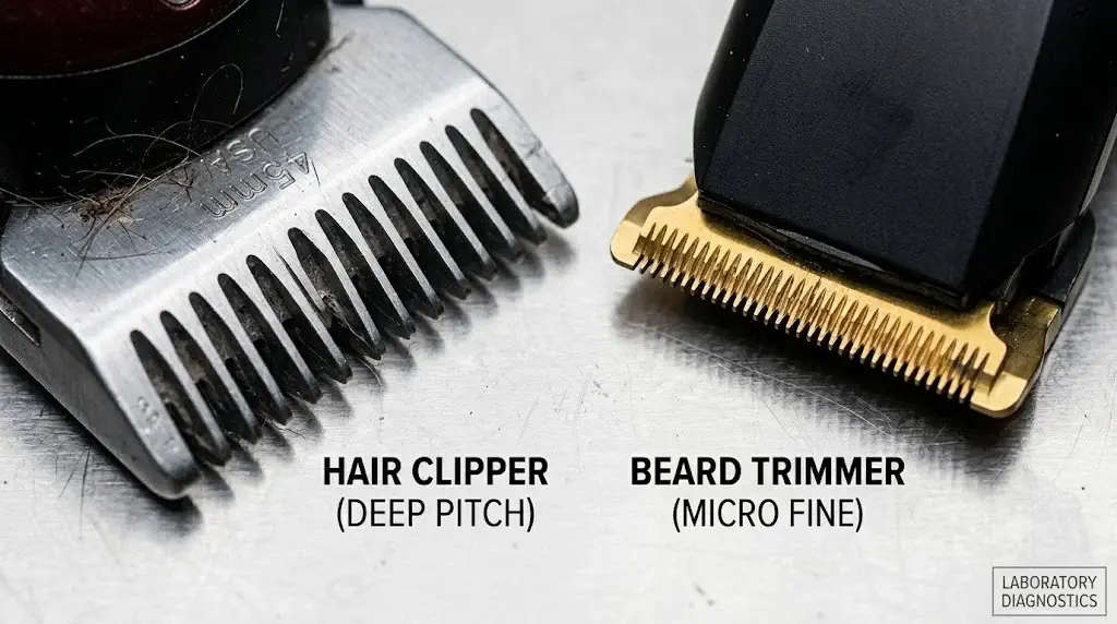 Macro comparison of hair clipper tooth pitch vs beard trimmer micro fine teeth