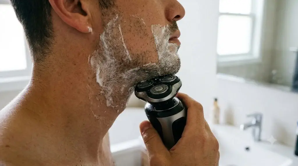 Rotary shaver circular blade heads contouring across skin surface