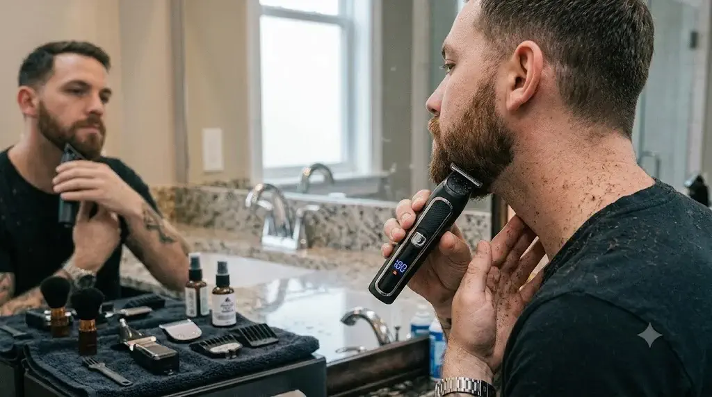 Modular beard trimmer detailing sharp jawline contours