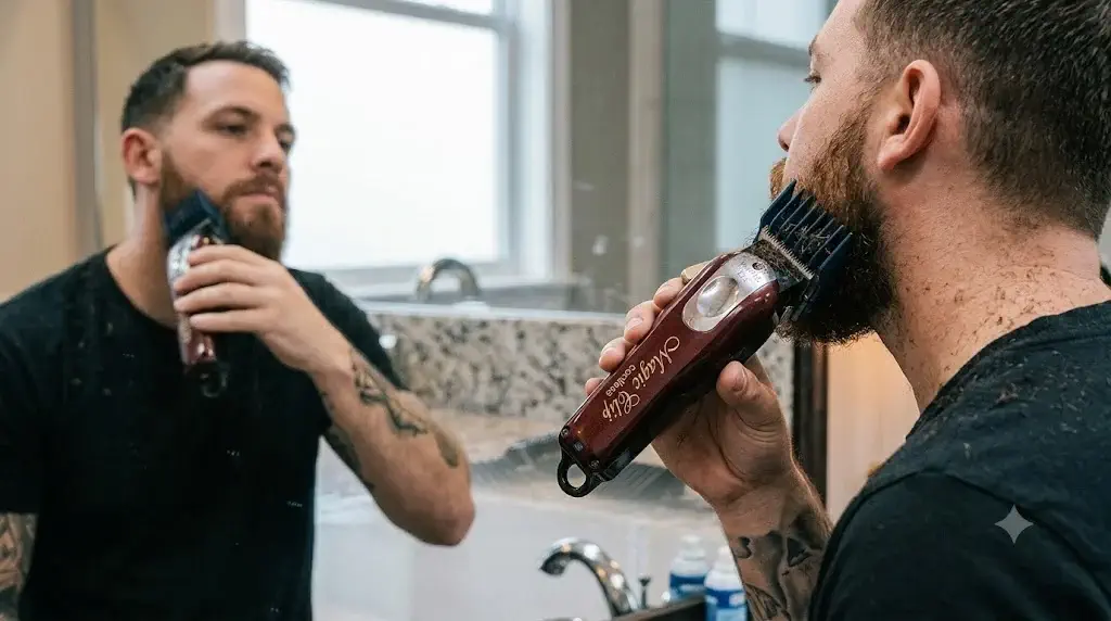 Using full sized hair clippers with guard comb to debulk a long thick beard